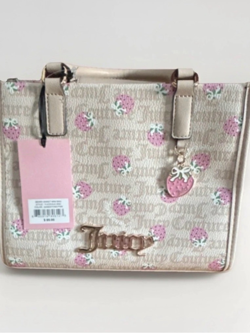 Juicy Couture Pink Strawberry Mini Tote with Gold Logo Charm
